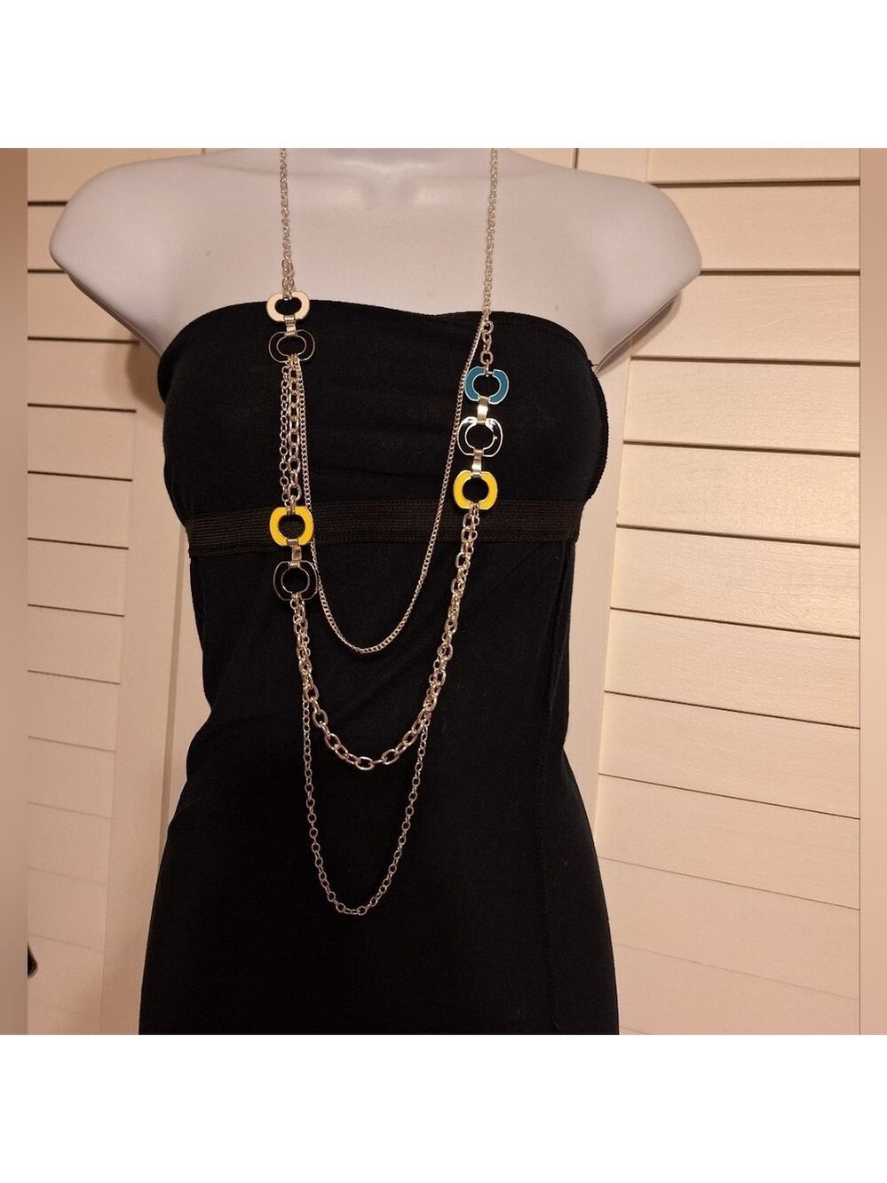 Calvin Klein multi-layered Long necklace silver blue yellow white black  NWT